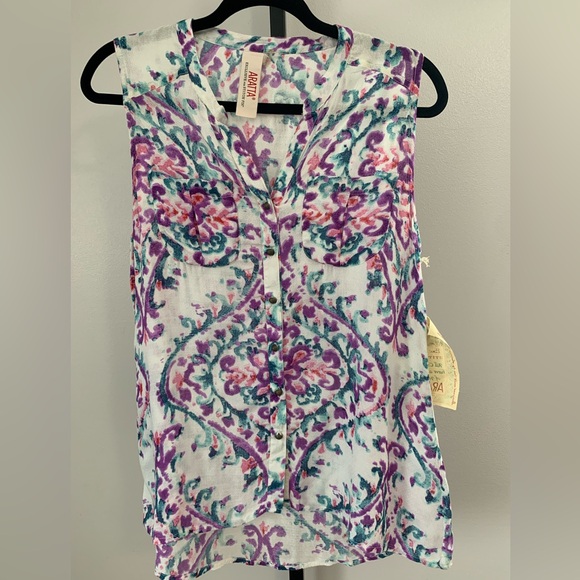 NWOT Aratta Cream Sleeveless Button DownTank with Purple & Teal Print - Picture 3 of 16